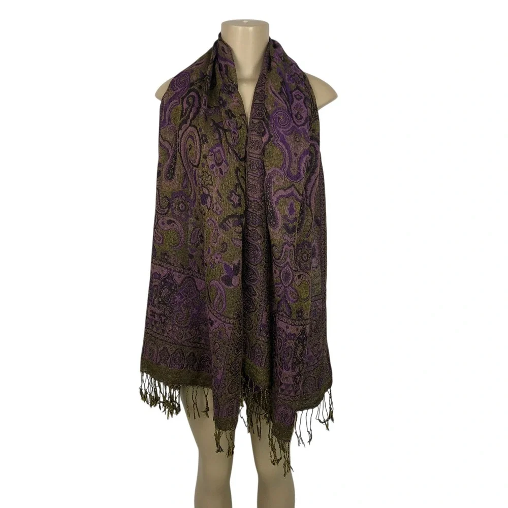 Reversible Boho Purple Paisley Print Pashmina Scarf Fringe Rave Festival Wrap